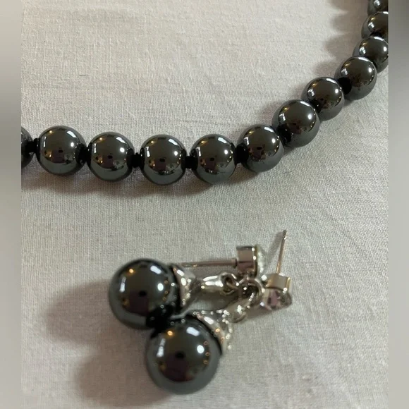 Hematite Round Beaded Necklace with Matching Drop Beaded Earrings Set - Picture 6 of 17